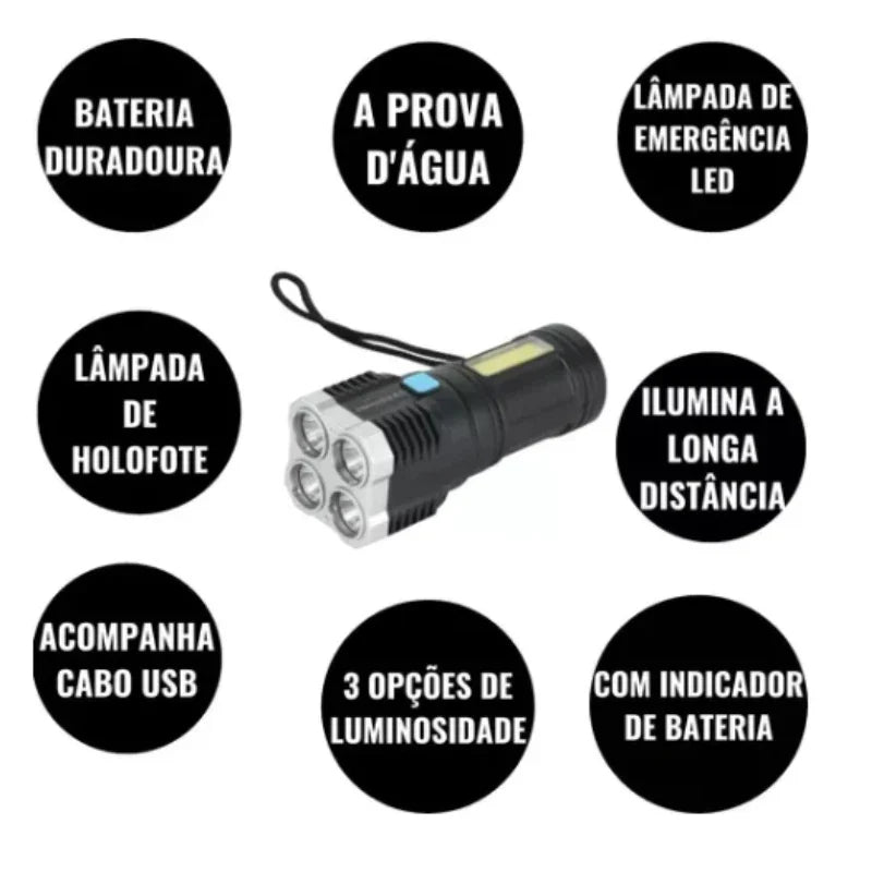 Lanterna com Luz LED Multi-Funcional, Portátil, USB Recarregável, 5 em 1-Ultra Brilhante