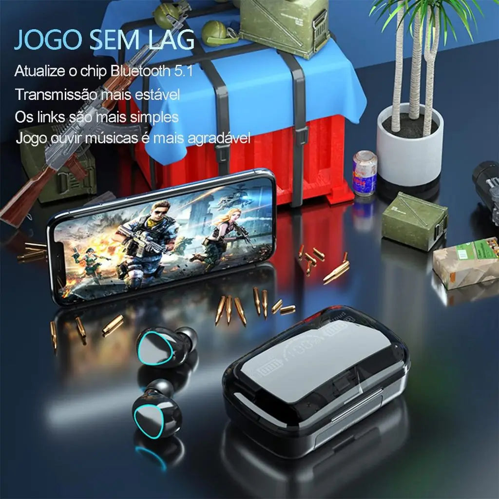 Fone De Ouvido, Sem Fio, Bluetooth 5.1 M10, Estereo, com Case Carregador em Led