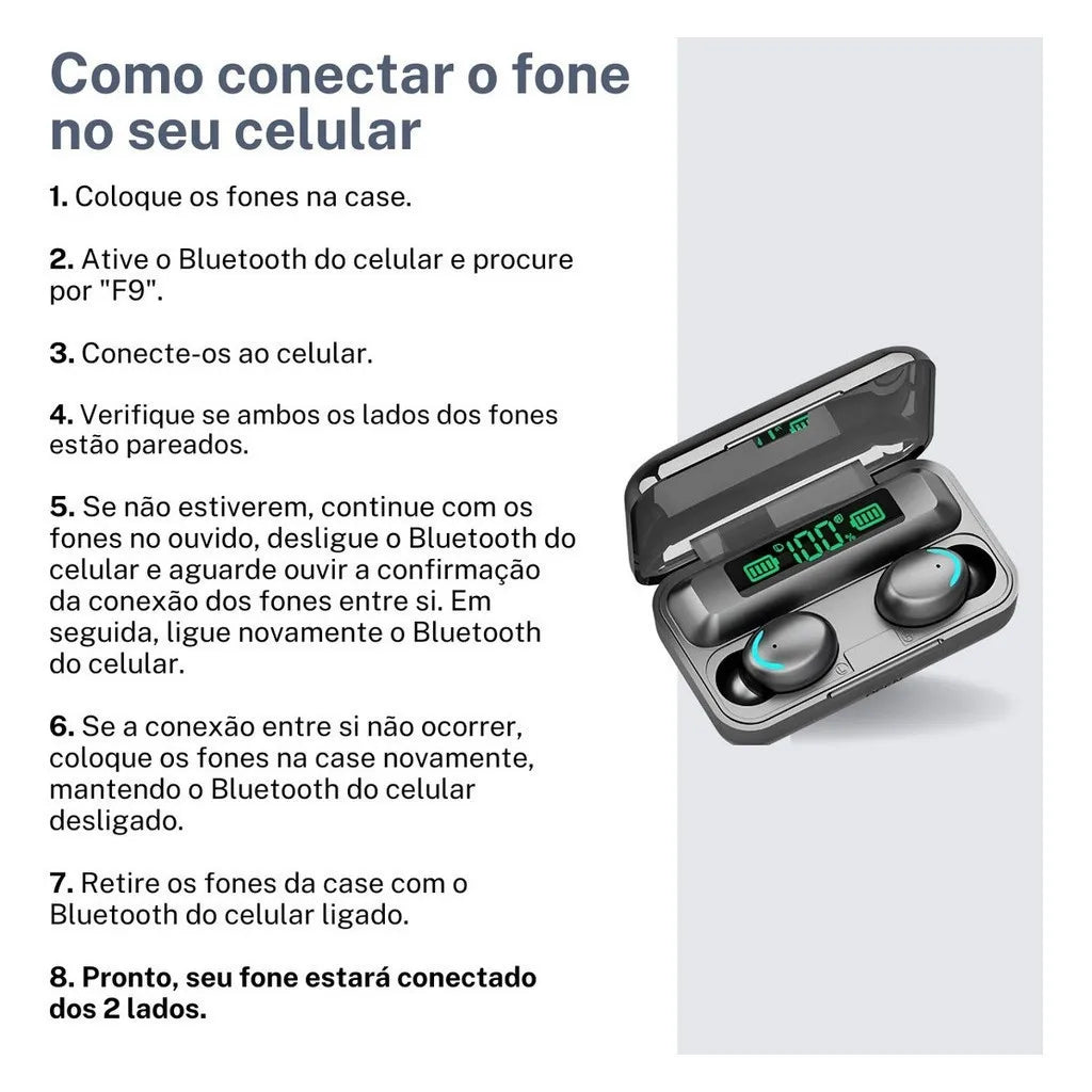Fone De Ouvido, Sem Fio, Áudio Premium - Carregador com Led