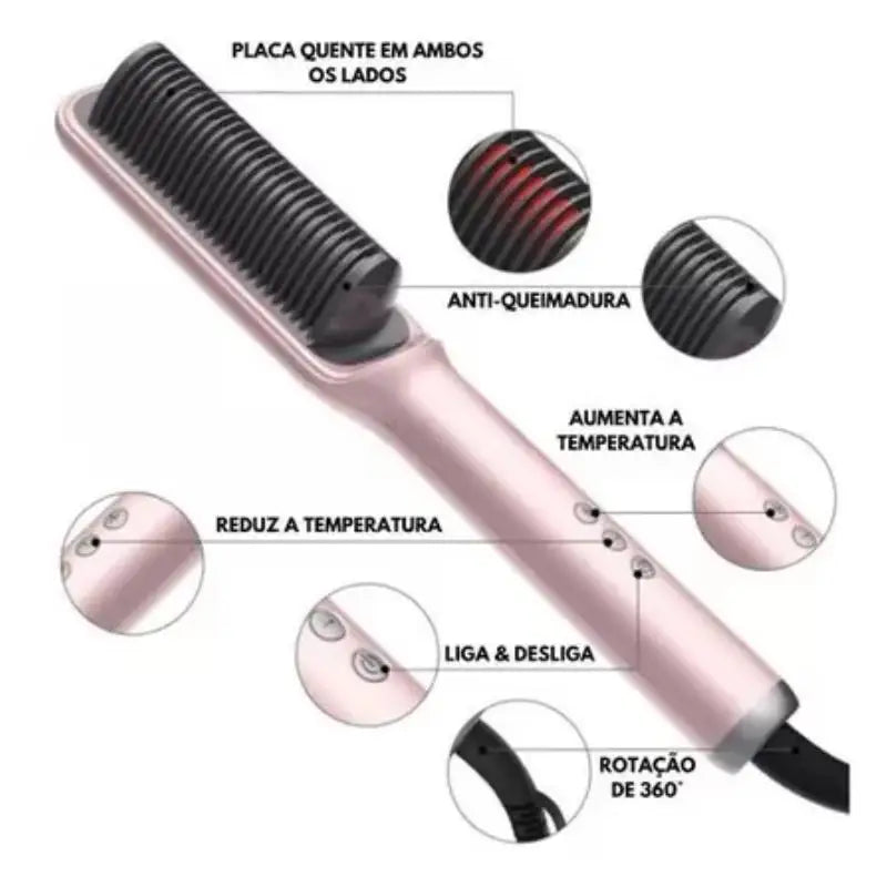 Escova Alisadora, 5 em 1 - Alisa, Hidrata, Modela, Alinha e Anti-Frizz