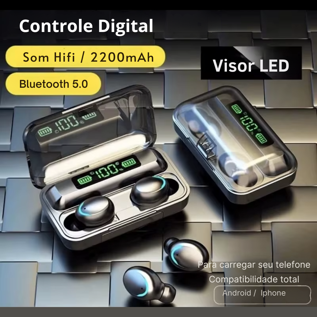 Fone De Ouvido, Sem Fio, Áudio Premium - Carregador com Led