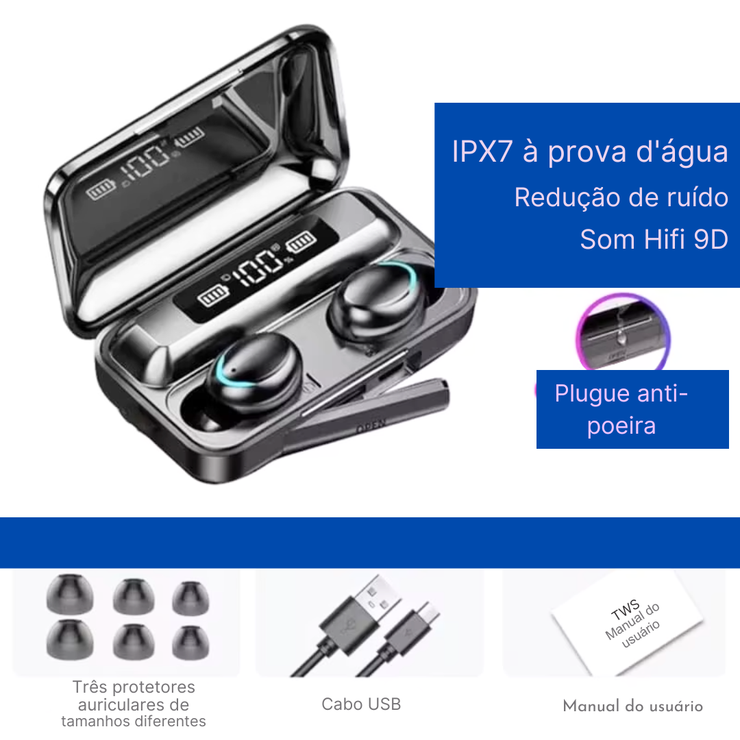 Fone De Ouvido, Sem Fio, Áudio Premium - Carregador com Led