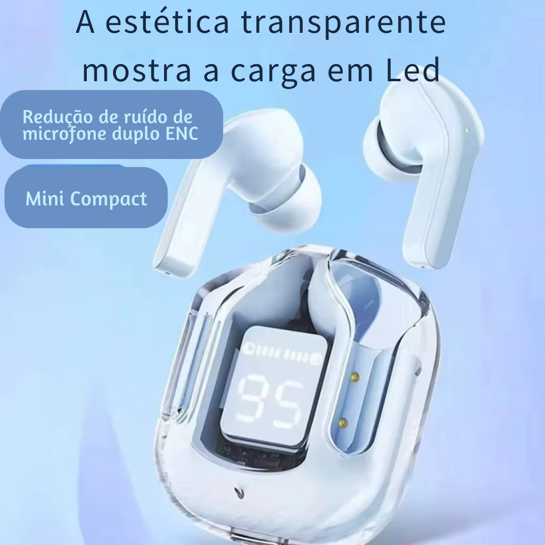 Fone de Ouvido, Hi Fi, Bluetooth, Transparente, TWS-V5