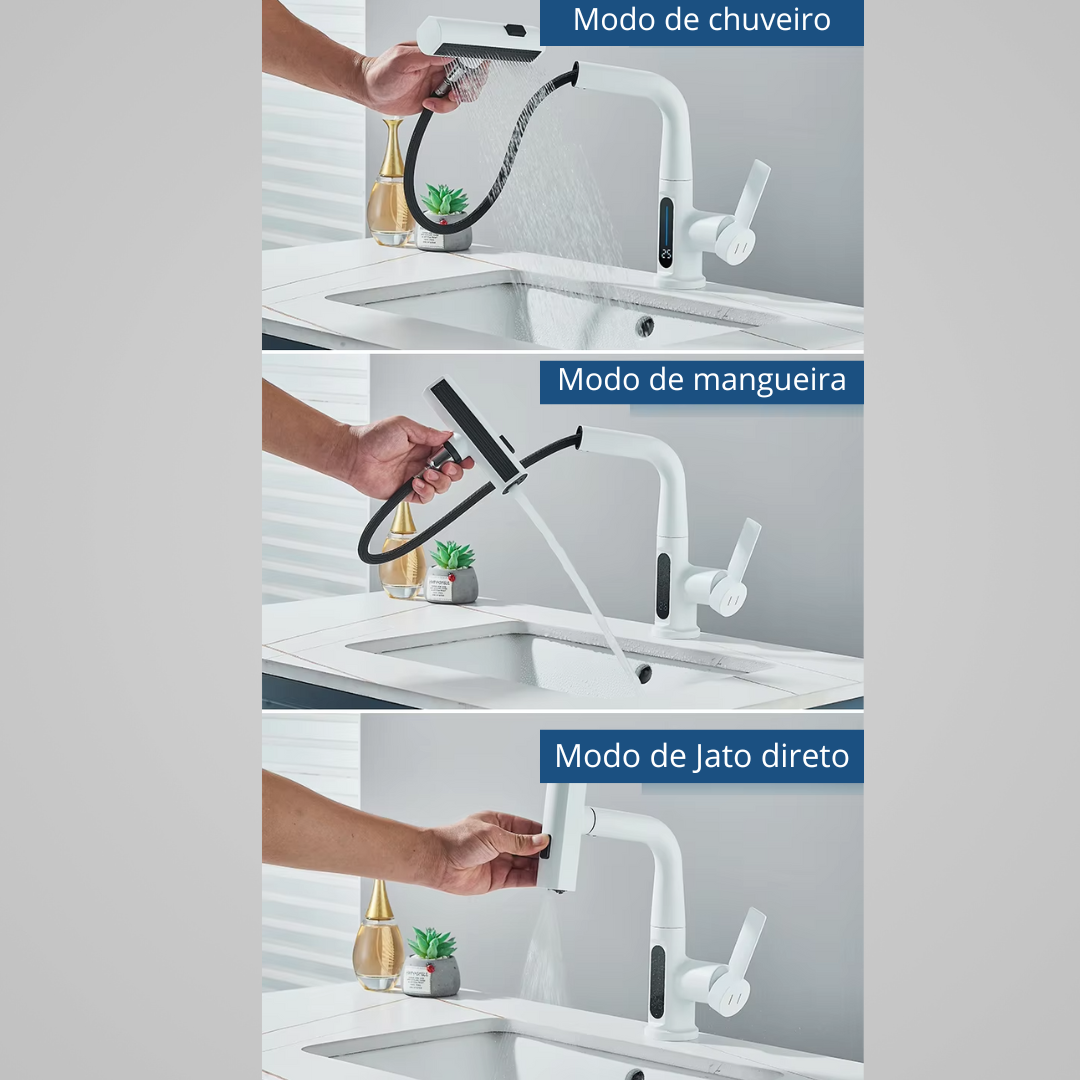 Torneira, com Misturador e Pulverizador para pia com agua quente e fria - Possui display digital