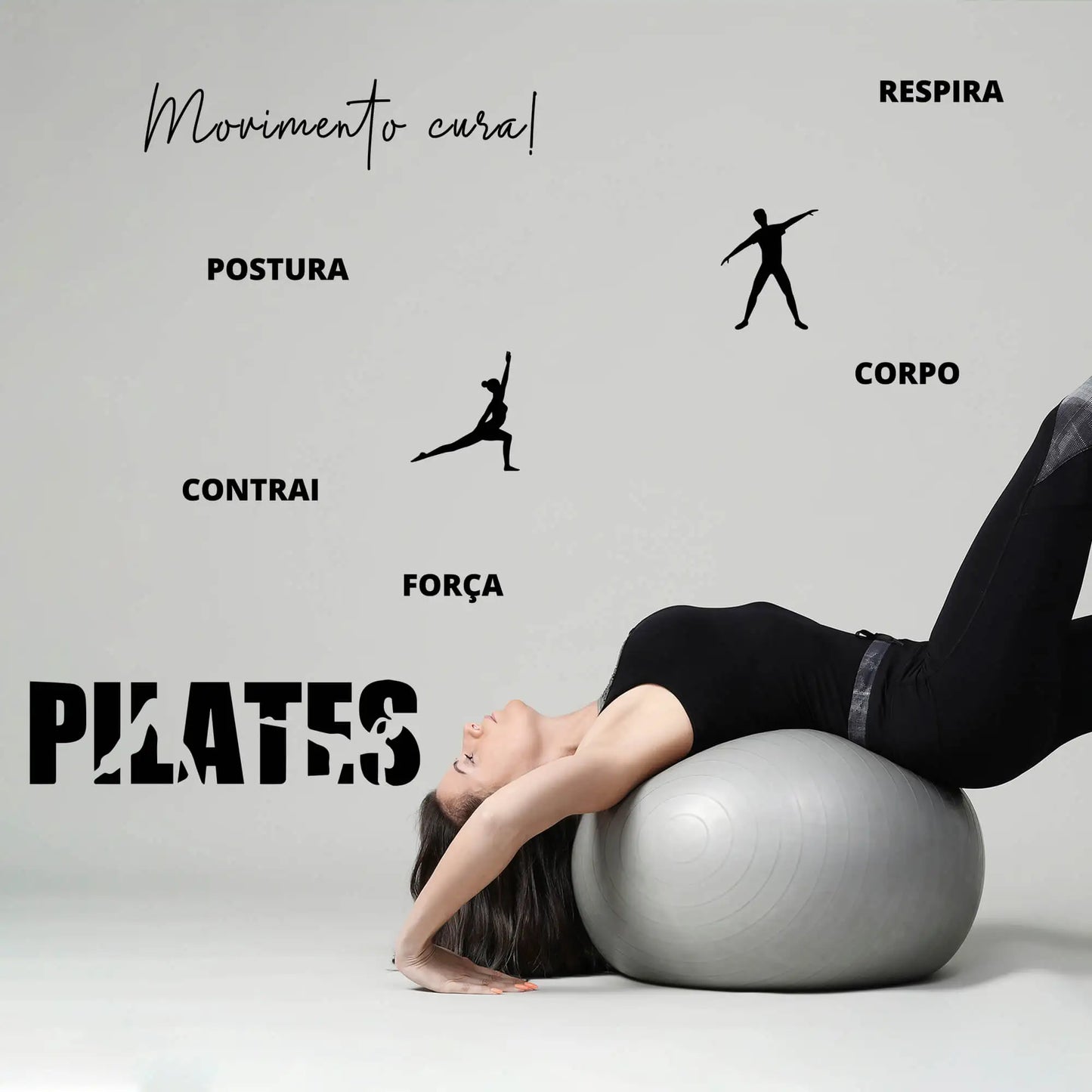 Kit de Adesivos Studio Pilates Frase - Movimento, Cura, Silhuetas, Fisioterapeuta.