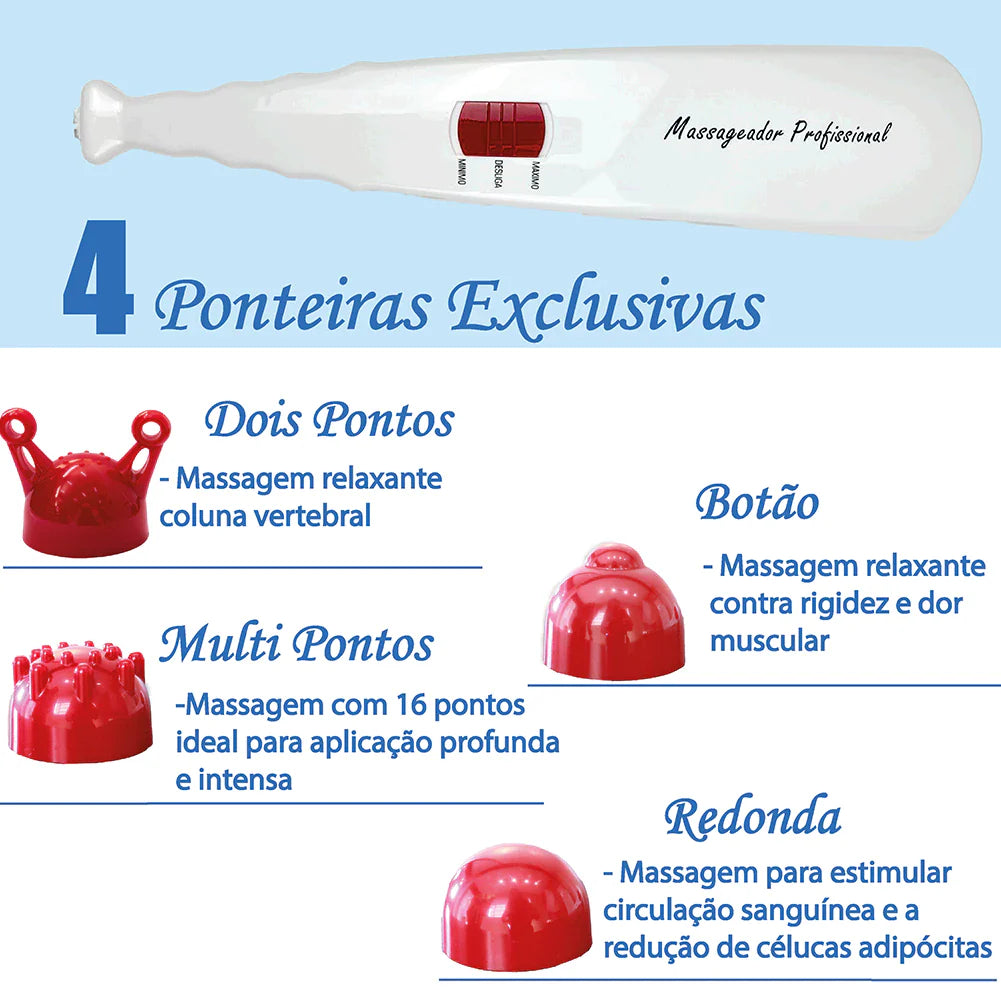 Massageador Manual Infravermelho Vibratório Percussão 6 Ponteiras