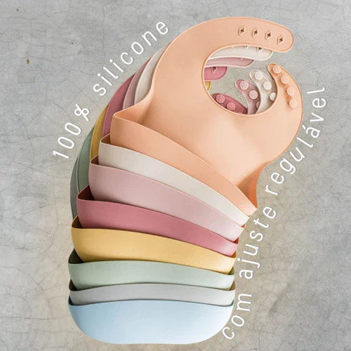 Babador de Silicone para Bebês com Bolso Pega Migalhas e Impermeável