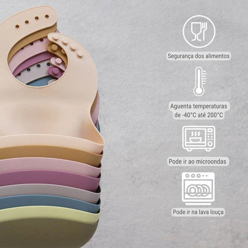 Babador de Silicone para Bebês com Bolso Pega Migalhas e Impermeável