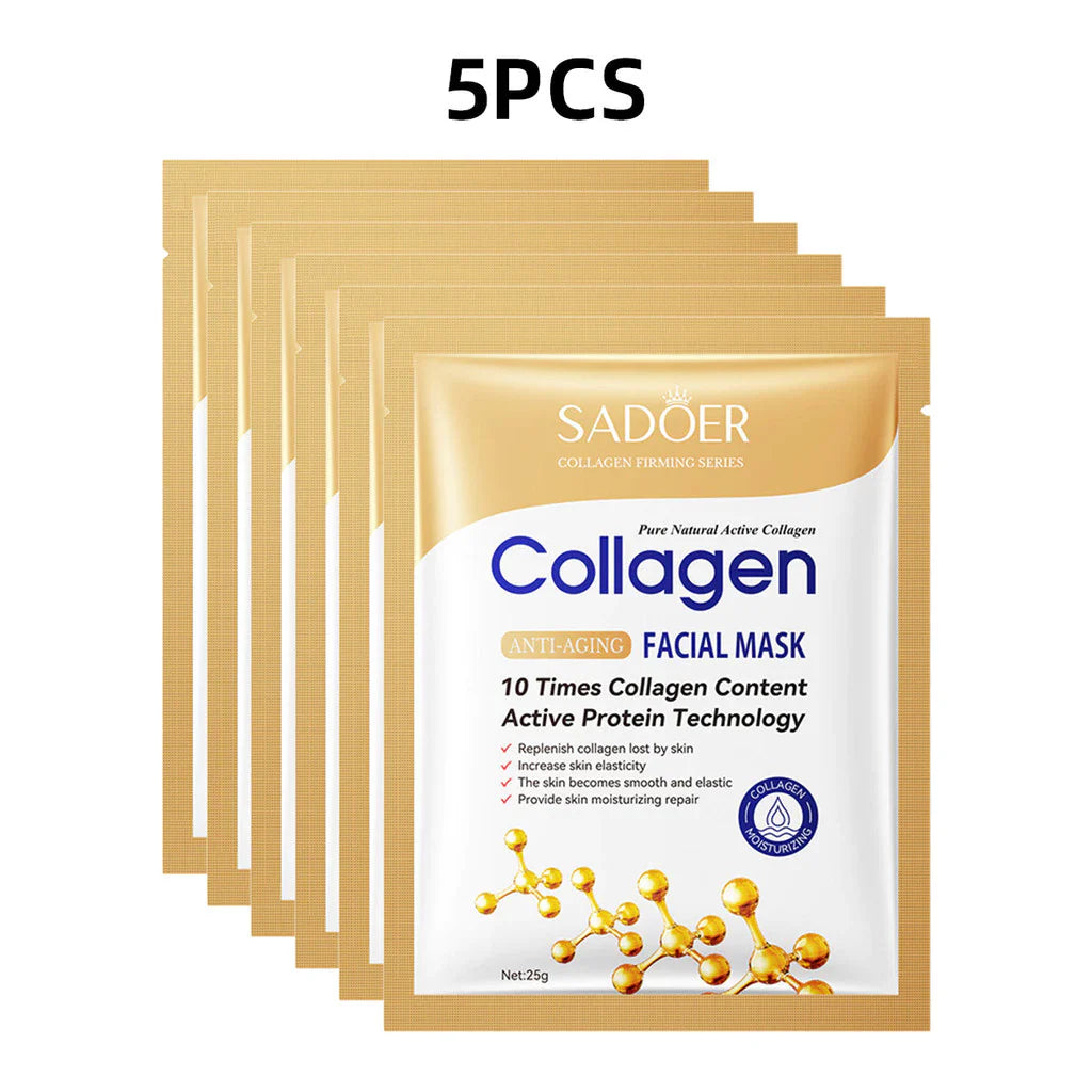 Conjunto de 5 Máscaras Faciais Hidratantes de Colágeno Antirrugas