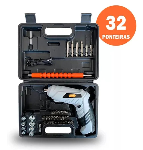 Parafusadeira, Sem Fio, Portatil e Recarregavel com 32 Ponteiras + Maleta com Acessorios