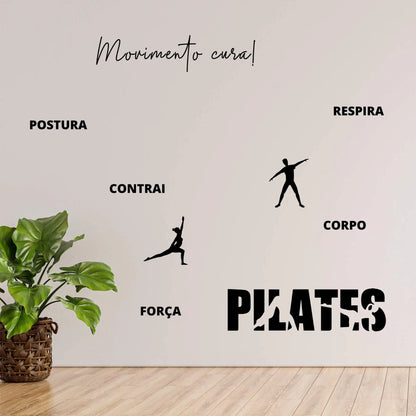 Kit de Adesivos Studio Pilates Frase - Movimento, Cura, Silhuetas, Fisioterapeuta.