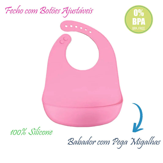 Babador de Silicone para Bebês com Bolso Pega Migalhas e Impermeável